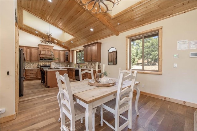 43625 Wolf Rd, Big Bear Lake, CA 92315 - dining room with a notable chandelier, lofted ceiling, wooden ceiling, and light wood-type flooring
