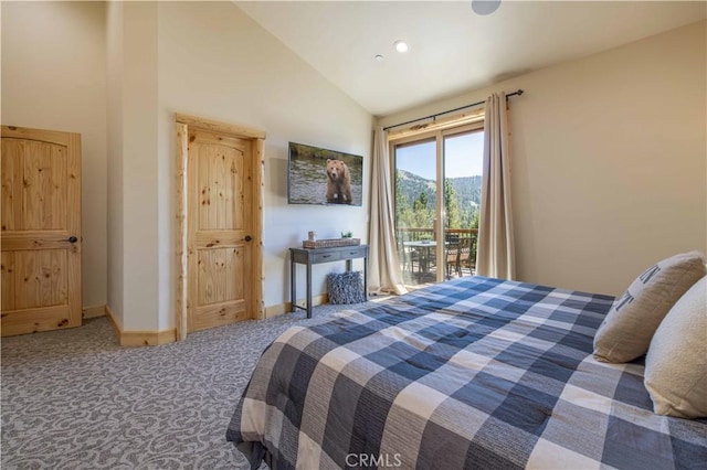43625 Wolf Rd, Big Bear Lake, CA 92315 - carpeted bedroom featuring high vaulted ceiling and access to outside