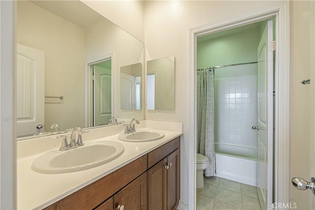 22059 Barrington Way, Saugus, CA 91350 - full bath with toilet, double vanity, shower / bath combo, and tile patterned floors