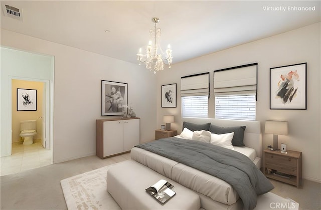 22059 Barrington Way, Saugus, CA 91350 - bedroom with a chandelier, light carpet, ensuite bathroom, and baseboards