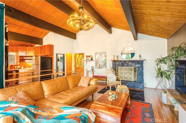 579 E Victoria Ct, Lake Arrowhead, CA 92352 - living room with lofted ceiling with beams, a notable chandelier, wood finished floors, wood ceiling, and a fireplace