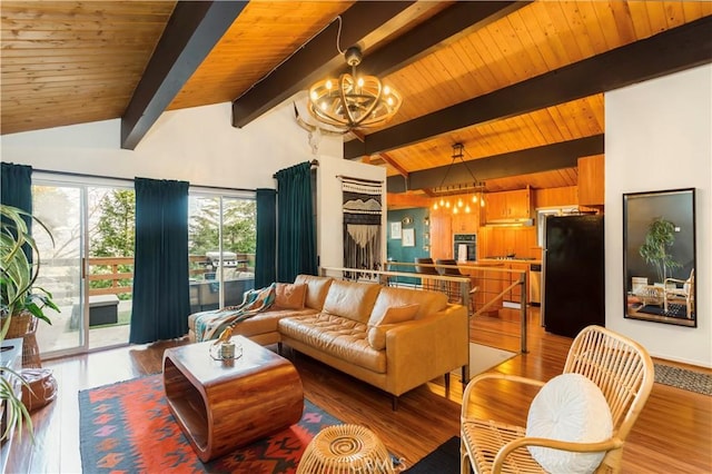 579 E Victoria Ct, Lake Arrowhead, CA 92352 - living room with high vaulted ceiling, wood finished floors, a chandelier, and beamed ceiling