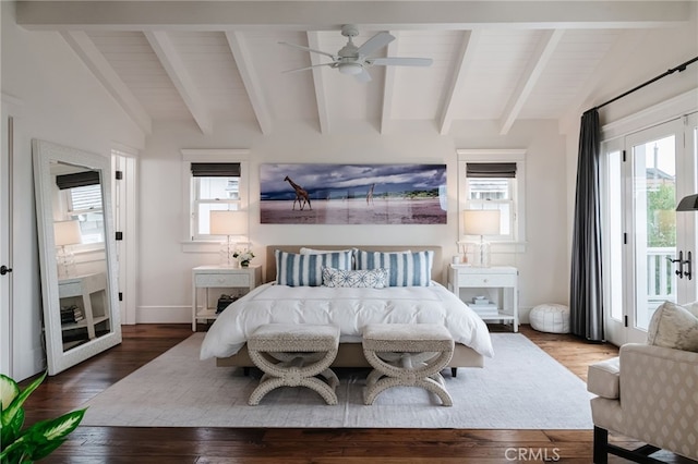 bedroom featuring lofted ceiling with beams, dark hardwood / wood-style floors, and access to outside