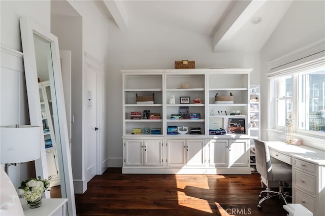 office with dark hardwood / wood-style flooring and lofted ceiling with beams