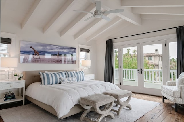 bedroom with lofted ceiling with beams, light wood-type flooring, french doors, and access to outside