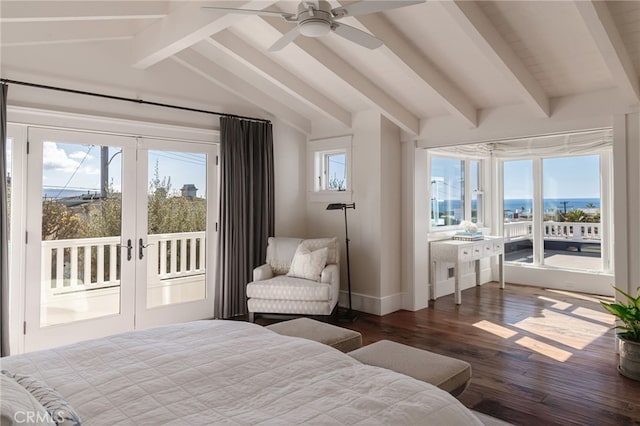 bedroom featuring hardwood / wood-style flooring, vaulted ceiling with beams, access to outside, and french doors