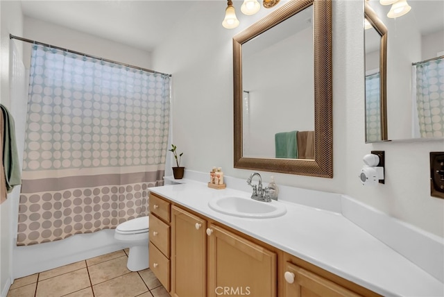 full bathroom featuring vanity, shower / tub combo, tile patterned floors, and toilet