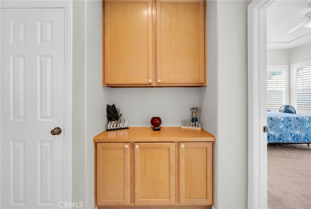 bar featuring carpet floors, light brown cabinets, and ceiling fan