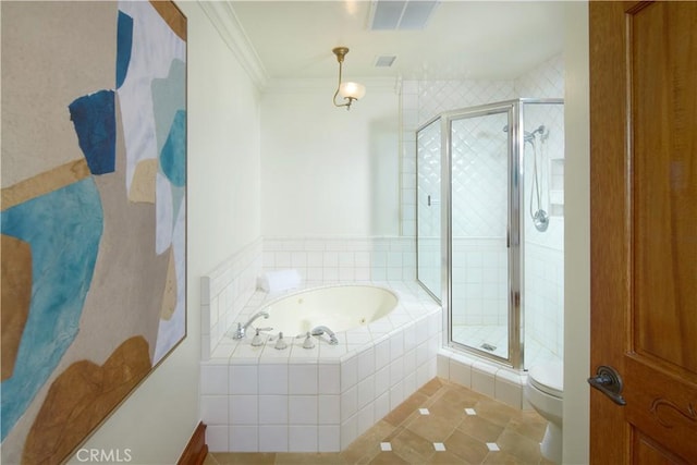 bathroom with crown molding, toilet, independent shower and bath, and tile patterned flooring