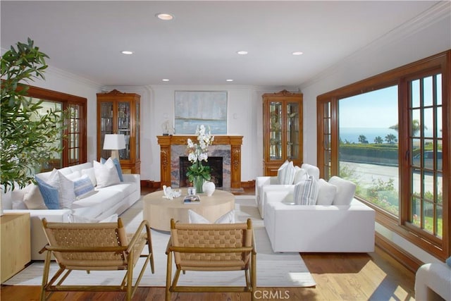 living room featuring a water view, a healthy amount of sunlight, a premium fireplace, and light hardwood / wood-style floors