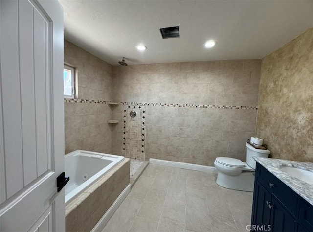 bathroom featuring walk in shower, toilet, recessed lighting, a tub with jets, and vanity