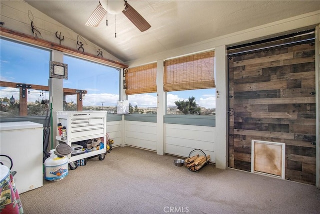 interior space featuring vaulted ceiling, a healthy amount of sunlight, and ceiling fan