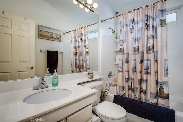 full bathroom with vanity, shower / bathtub combination with curtain, and toilet