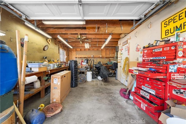 garage with a workshop area