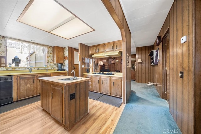 kitchen with sink, wood walls, an island with sink, light hardwood / wood-style floors, and black appliances