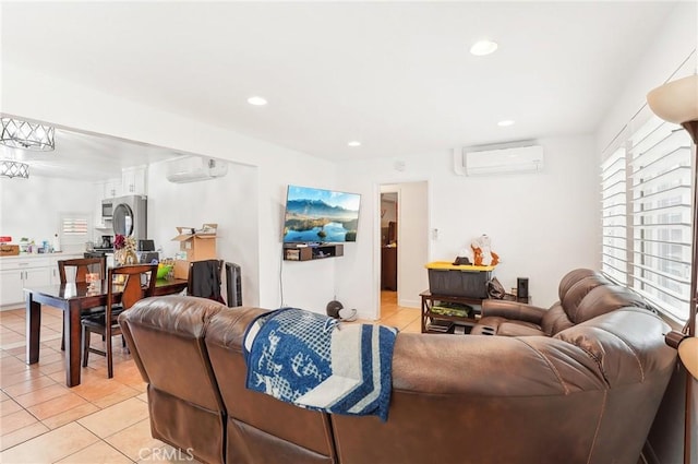 tiled living room with an AC wall unit