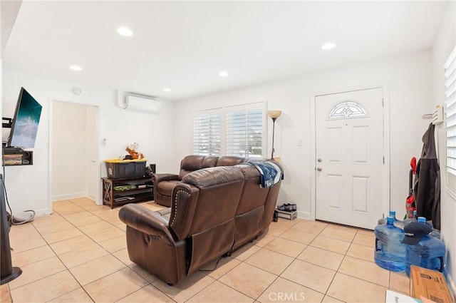 tiled living room with a wall mounted air conditioner