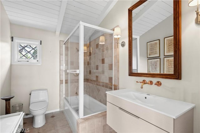 full bathroom featuring toilet, vanity, shower / bath combination with glass door, and lofted ceiling with beams