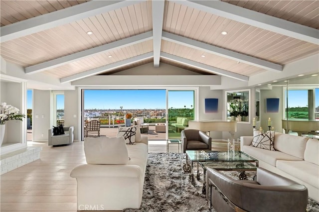 living room with light hardwood / wood-style floors, wooden ceiling, and lofted ceiling with beams