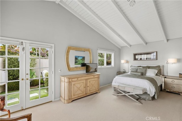 carpeted bedroom with french doors, high vaulted ceiling, access to outside, and beam ceiling