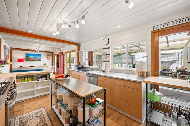 kitchen featuring sink, wooden walls, stainless steel appliances, wooden ceiling, and light wood-type flooring