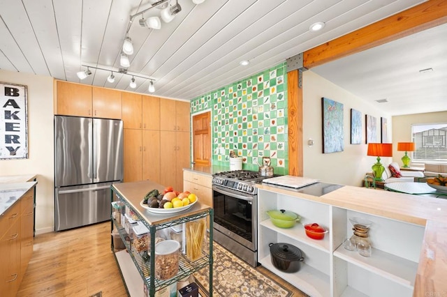 kitchen featuring track lighting, light hardwood / wood-style floors, wooden ceiling, and appliances with stainless steel finishes