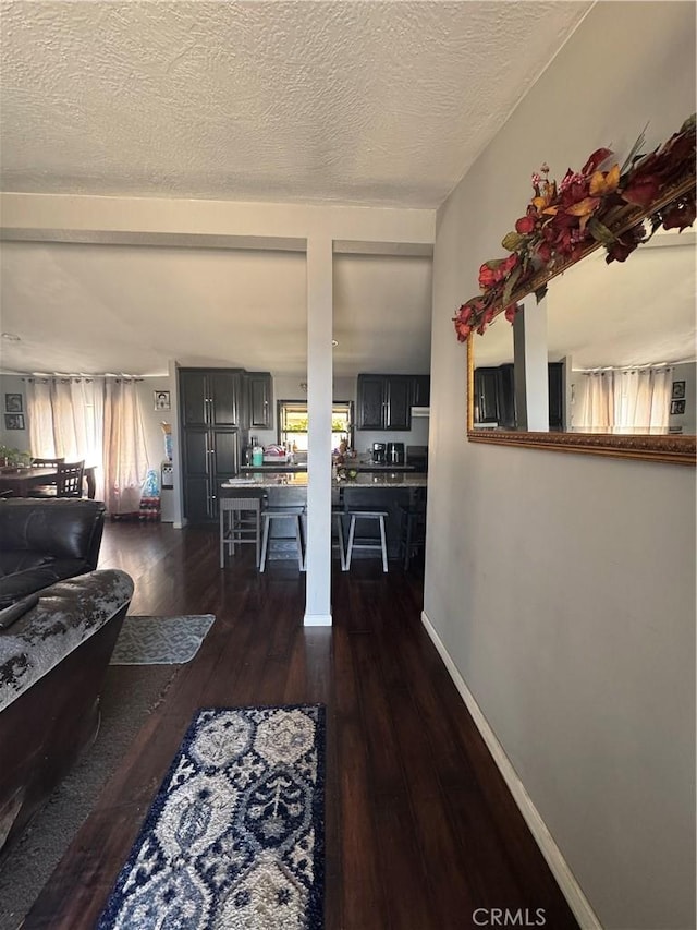 8734 Nevada Rd, Phelan, CA 92371 - living room featuring dark wood-type flooring, a textured ceiling, and baseboards