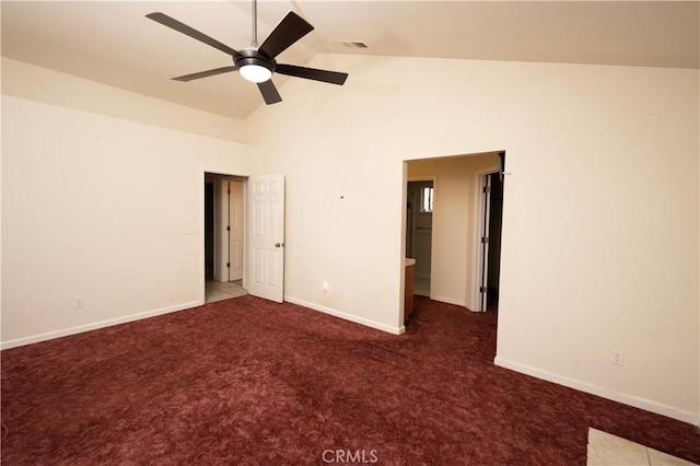 unfurnished bedroom with high vaulted ceiling, baseboards, visible vents, and carpet flooring