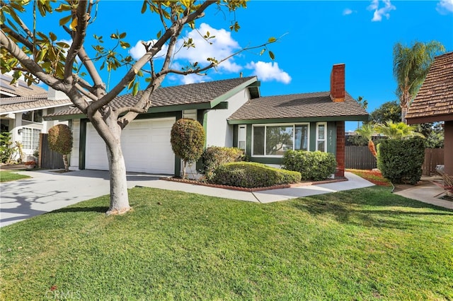 ranch-style home featuring a garage and a front lawn