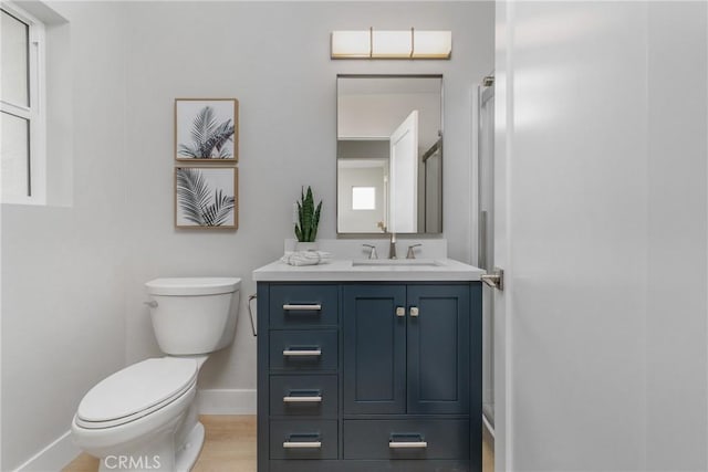 bathroom featuring vanity, toilet, and hardwood / wood-style floors