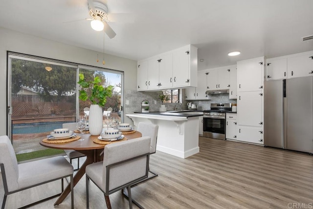 kitchen featuring tasteful backsplash, stainless steel appliances, light hardwood / wood-style floors, and white cabinets