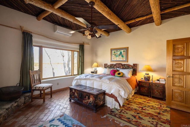 bedroom with brick floor, wood ceiling, beamed ceiling, and a wall mounted air conditioner