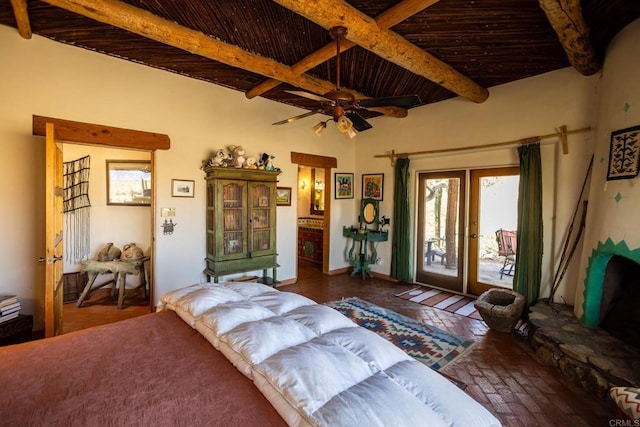 bedroom with brick floor, french doors, wood ceiling, access to outside, and beamed ceiling