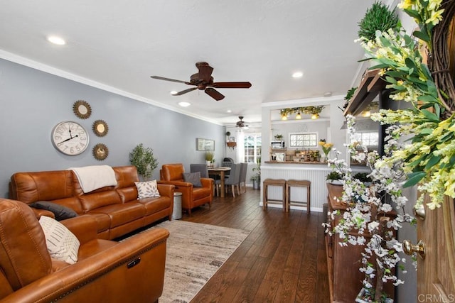 living room featuring crown molding and dark hardwood / wood-style floors