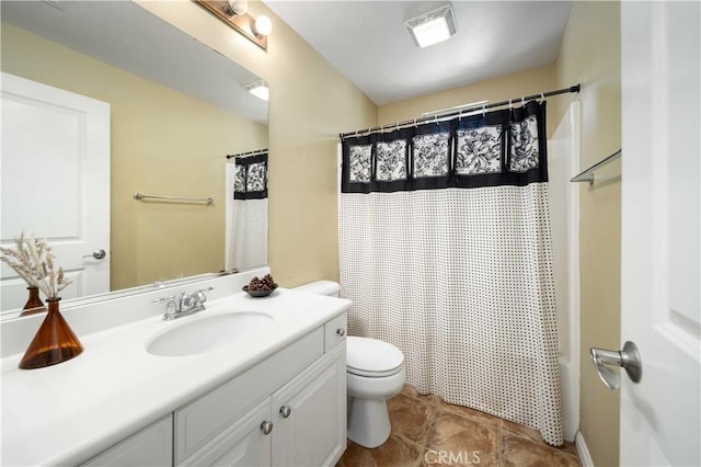 full bath with visible vents, toilet, and vanity