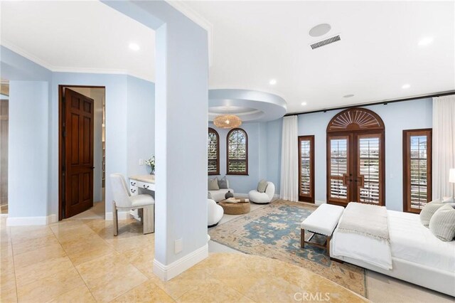 212 John St, Manhattan Beach, CA 90266 - bedroom with french doors, visible vents, recessed lighting, and ornamental molding