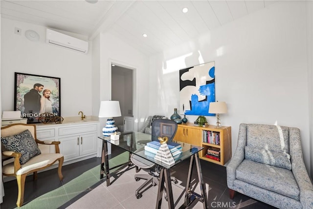 office area with a wall unit AC, wooden ceiling, dark tile patterned floors, and lofted ceiling with beams