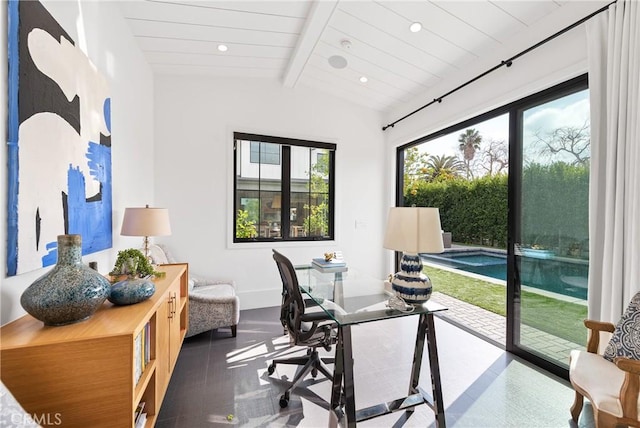 home office with vaulted ceiling with beams, baseboards, and recessed lighting