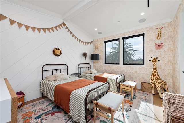 bedroom featuring beam ceiling and recessed lighting