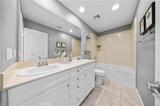 full bathroom with shower / tub combination, visible vents, a sink, and toilet