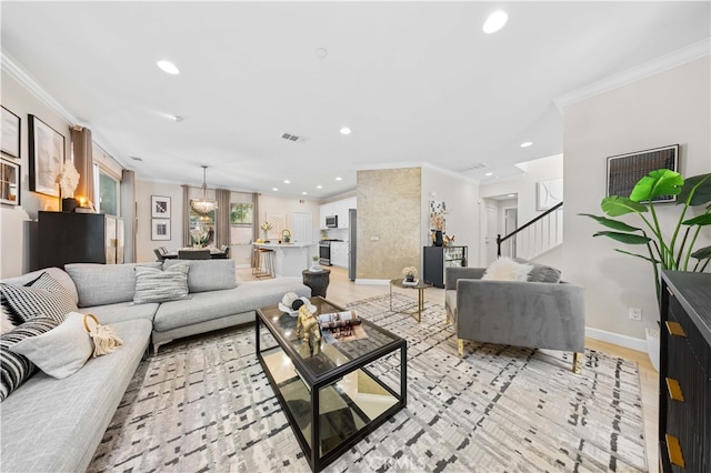 living room featuring crown molding and recessed lighting