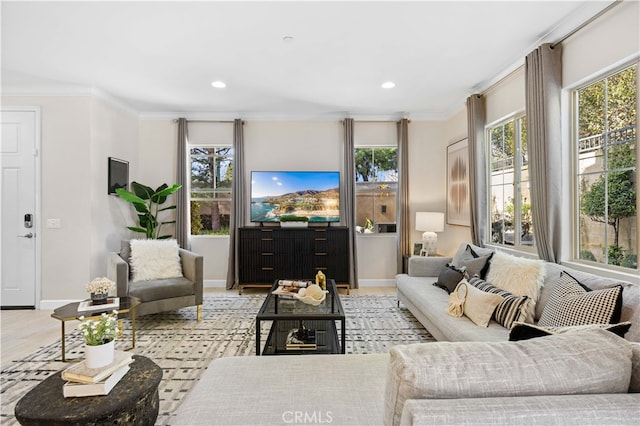 living room featuring crown molding, baseboards, and a healthy amount of sunlight