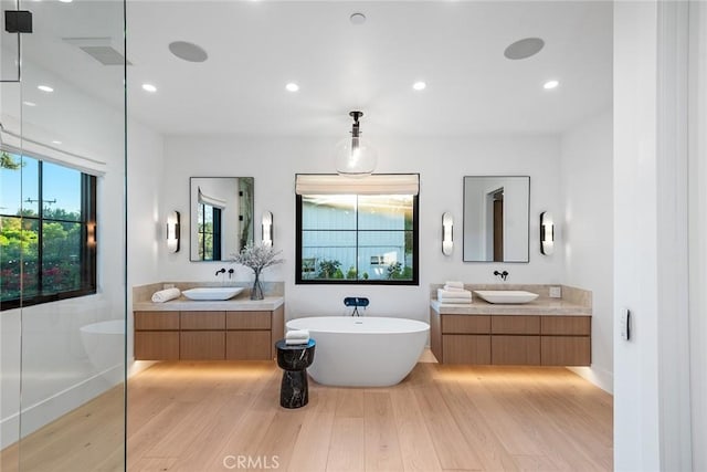 bathroom featuring vanity, a tub to relax in, and hardwood / wood-style flooring