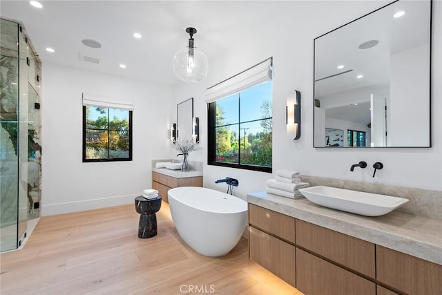 bathroom with plus walk in shower, hardwood / wood-style floors, and vanity