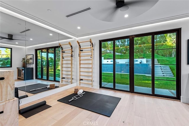 exercise room featuring ceiling fan and light hardwood / wood-style floors