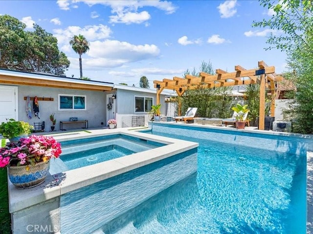 view of swimming pool featuring an in ground hot tub and a pergola