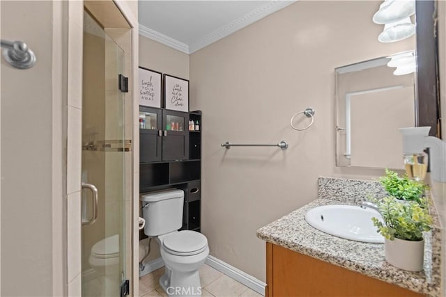 bathroom featuring walk in shower, tile patterned floors, toilet, ornamental molding, and vanity