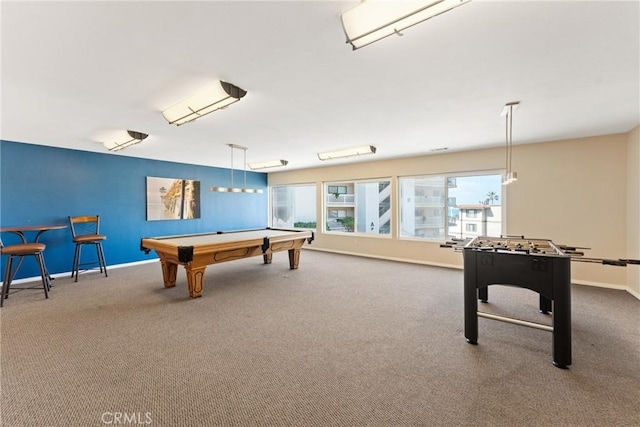 recreation room with carpet flooring and pool table