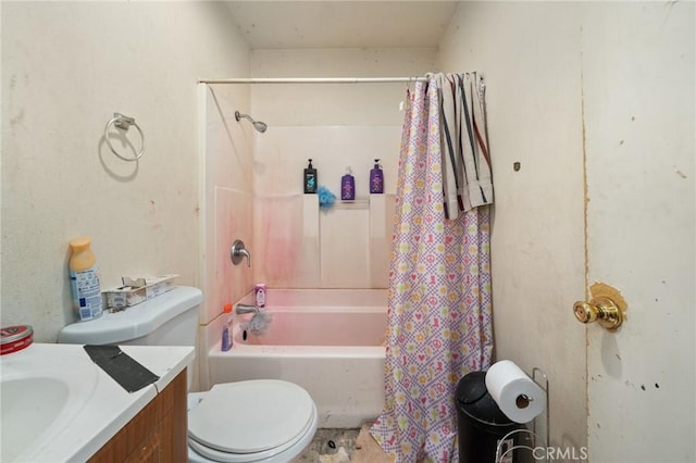 bathroom featuring shower / bathtub combination with curtain, toilet, and vanity