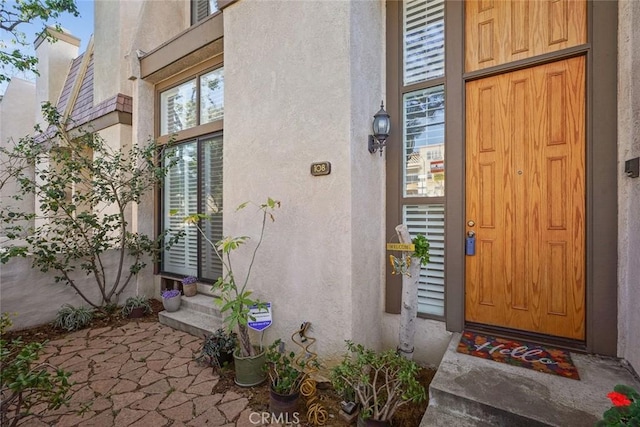 view of exterior entry featuring stucco siding